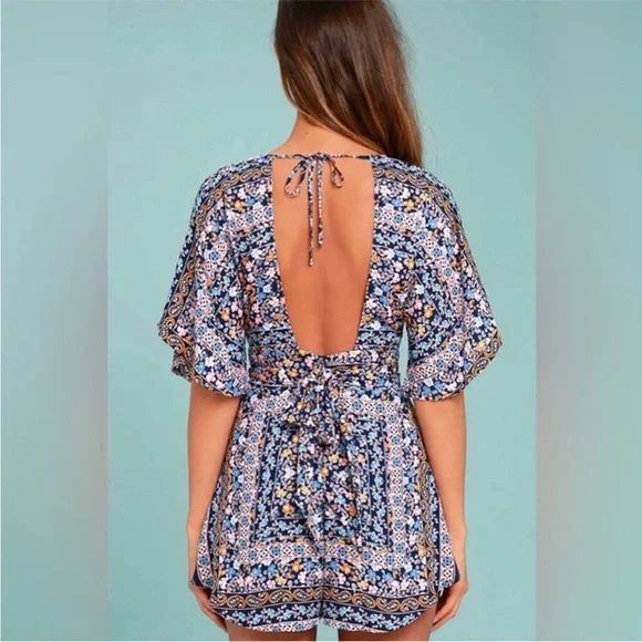 Lulus Flora Aura Floral Romper Blue Boho V Neck Flowy - Picture 3 of 4